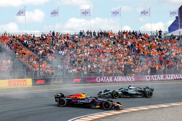22 Yuki Tsunoda (JPN, Oracle Red Bull Racing), 63 George Russell (GBR, Mercedes-AMG Petronas F1 Team), F1 Grand Prix of the Netherlands at Circuit Zandvoort on August 29, 2025 in Zandvoort, Netherlands. (Photo by HOCH ZWEI) Zandvoort Netherlands
