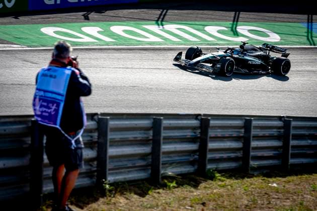 Formule 1 driver George Russell of Mercedes during the match Formula 1 Zandvoort friday 2025, free practice at the Formula 1 circuit Zandvoort for the Formula One Zandvoort friday 2025 season 2025-2026 in ZANDVOORT, Netherlands on 29 august 2025, (photo by Marcel van Dorst EYE4images DeFodi Images)