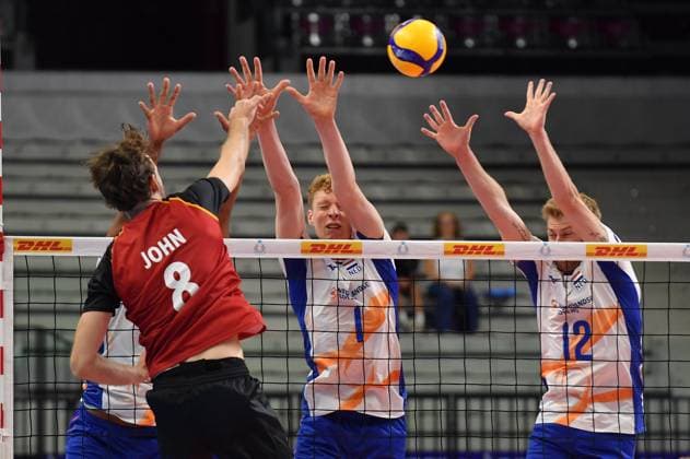 Foto IPP Massimo Rana Torino 29-08-2025 Pallavolo Fipav Cup Men Elite Germania - Olanda 2 set a 0 nella foto muro olandese Italy Photo Press - World Copyright italy ITALY  Copyright: xR4924_italyphotopressx
