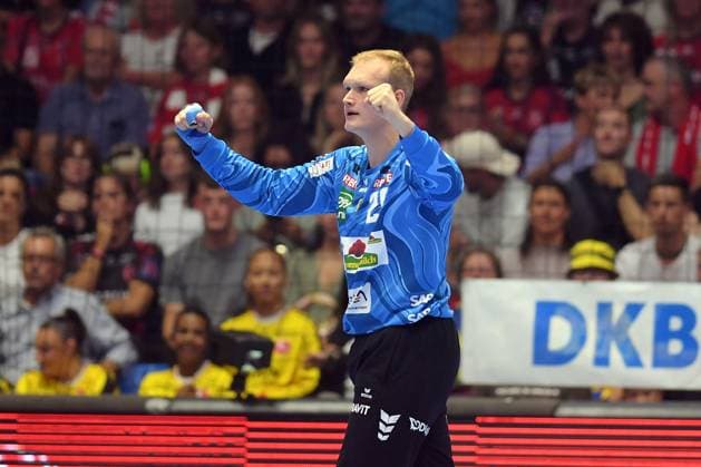 Jubel bei David Spaeth (Torwart Rhein-Neckar Loewen 29) , GER, MT Melsungen - Rhein-Neckar Loewen, Handball, 1. Bundesliga, 1. Spieltag, Saison 2025 2026, 29.08.2025, GER, MT Melsungen - Rhein-Neckar Loewen, Handball, 1. Bundesliga, 1. Spieltag, Saison 2025 2026, 29.08.2025 Kassel Copyright: xEibner-Pressefotox xRolandxSippelx EP_RSL