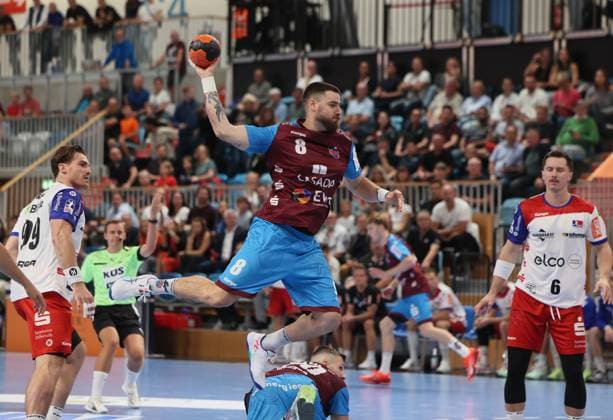 GER HBL2 Saison 2025 2026 VfL Potsdam vs HBW Balingen Weilstetten, 29.08.25, MBS Arena, Potsdam Stefan BAUER (HBW Balingen-Weilstetten 99), Davide BULZAMINI (1.VfL Potsdam 8), Mex RAGUSE (HBW Balingen-Weilstetten 6)
