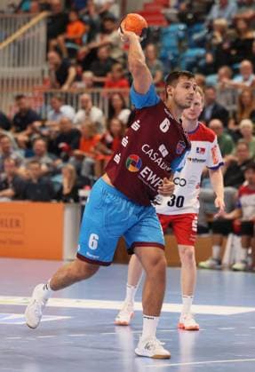 GER HBL2 Saison 2025 2026 VfL Potsdam vs HBW Balingen Weilstetten, 29.08.25, MBS Arena, Potsdam Markus MAHR (1.VfL Potsdam 6), Siebenmeter, Strafwurf