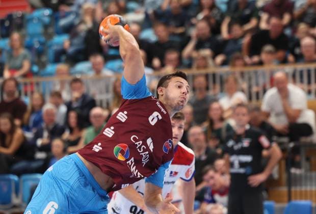 GER HBL2 Saison 2025 2026 VfL Potsdam vs HBW Balingen Weilstetten, 29.08.25, MBS Arena, Potsdam Markus MAHR (1.VfL Potsdam 6), Siebenmeter, Strafwurf
