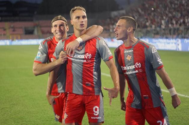 MANUEL DE LUCA, FEDERICO BASCHIROTTO, FILIPPO TERRACCIANO, Cremonese, Serie A, 2025-26, Cremonese vs Sassuolo 3-2, 29-08-2025, Esultanza, Celebration, Jubel SERIE A 2025-26 CREMONESE-SASSUOLO 3-2