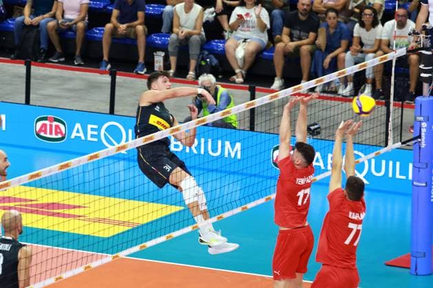 Attack of Roberto Russo (Italy) during 2025 FIPAV Cup Men - Italy vs Turkiye, International volleyball match in Turin, Italy, August 29 2025  Copyright: xClaudioxBenedetto IPAxSportx xipa-agency.netx xx IPA_63593738 IPA_Agency_IPA63593738