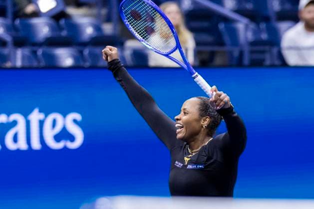 Taylor Townsend celebrates her win in two sets against Mirra Andreeva of Russia in the third round in Arthur Ashe Stadium on day 6 at the 2025 US Open Tennis Championship at the USTA Billie Jean King National Tennis Center in New York City on Friday, August 29, 2025.  NYP20250829848 COREYxSIPKIN