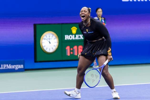 Taylor Townsend celebrates her win in two sets against Mirra Andreeva of Russia in the third round in Arthur Ashe Stadium on day 6 at the 2025 US Open Tennis Championship at the USTA Billie Jean King National Tennis Center in New York City on Friday, August 29, 2025.  NYP20250829851 COREYxSIPKIN