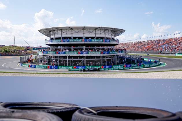 George Russell of the United Kingdom and Mercedes AMG Petronas F1 Team during the Free Practice of the Formula 1 Heineken Dutch Grand Prix 2025 on Day 2 at Circuit Zandvoort on August 30, 2025 in Zandvoort, Netherlands. (Photo by Marcel ter Bals DeFodi Images)