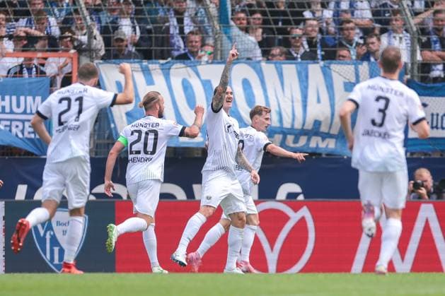 30.08.2025, 2. Bundesliga, 4. Spieltag, VfL Bochum 1848 - Preußen Münster, Joshua Mees (Preußen Münster) bejubelt das Tor zum 0:1, Bochum Vonovia Ruhrstadion NRW Deutschland xRHR-FOTO DEx
