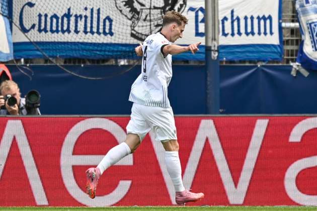 Joshua Mees (Preussen Muenster 8) jubelt nach dem Tor zum 0:1 30.08.2025 Fussball VfL Bochum vs SC Preussen Muenster, Vonovia Ruhrstadion, Bochum, DFB DFL REGULATIONS PROHIBIT ANY USE OF PHOTOGRAPHS AS IMAGE SEQUENCES AND OR QUASI-VIDEO