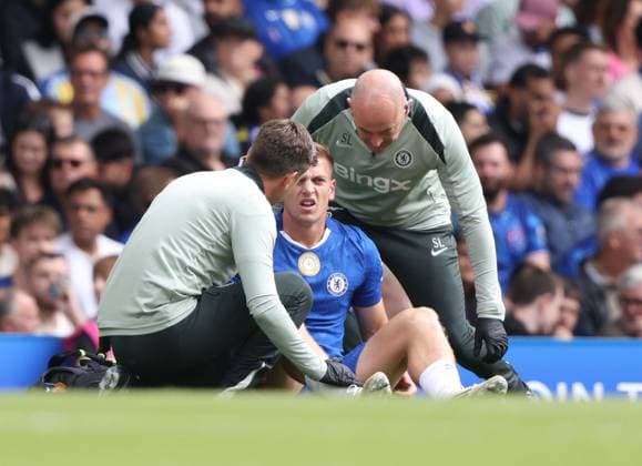 Liam Delap (C) goes down injured at the Chelsea v Fulham EPL match, at Stamford Bridge, London, UK on 30th August, 2025. 