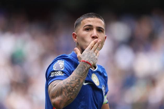 Enzo Fernandez (C) celebrates scoring the second Chelsea goal (2-0) at the Chelsea v Fulham EPL match, at Stamford Bridge, London, UK on 30th August, 2025. 