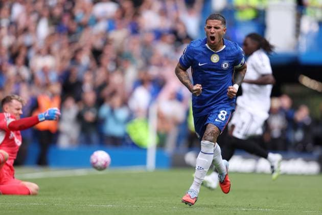 London, England, 30th August 2025. Enzo Fernandez of Chelsea celebrates after scoring to make it 2-0 during the Chelsea vs Fulham Premier League match at Stamford Bridge, London. Picture credit should read: Paul Terry Sportimage EDITORIAL USE ONLY. No use with unauthorised audio, video, data, fixture lists, club league logos or live services. Online in-match use limited to 120 images, no video emulation. No use in betting, games or single club league player publications. SPI_033_PT_Chelsea_Fulham SPI-4094-0033