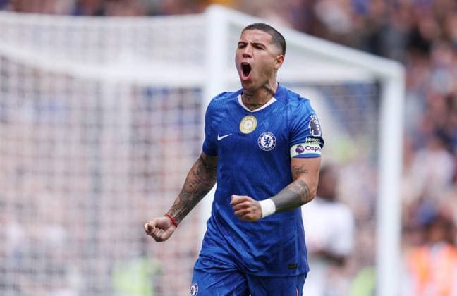 London, England, 30th August 2025. Enzo Fernandez of Chelsea celebrates after scoring to make it 2-0 during the Chelsea vs Fulham Premier League match at Stamford Bridge, London. Picture credit should read: Paul Terry Sportimage EDITORIAL USE ONLY. No use with unauthorised audio, video, data, fixture lists, club league logos or live services. Online in-match use limited to 120 images, no video emulation. No use in betting, games or single club league player publications. SPI_041_PT_Chelsea_Fulham SPI-4094-0041
