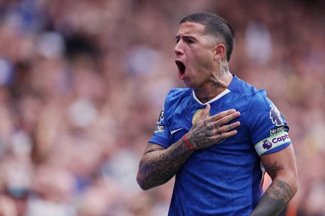 London, England, 30th August 2025. Enzo Fernandez of Chelsea celebrates after scoring to make it 2-0 during the Chelsea vs Fulham Premier League match at Stamford Bridge, London. Picture credit should read: Paul Terry Sportimage EDITORIAL USE ONLY. No use with unauthorised audio, video, data, fixture lists, club league logos or live services. Online in-match use limited to 120 images, no video emulation. No use in betting, games or single club league player publications. SPI_043_PT_Chelsea_Fulham SPI-4094-0043