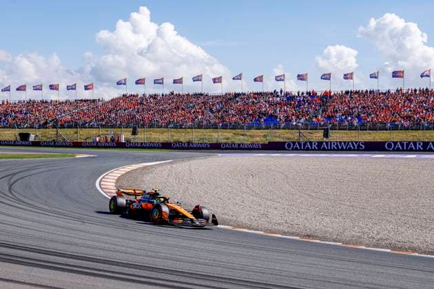Lando Norris of the United Kingdom and McLaren F1 Team competing in the Qualification of the Formula 1 Heineken Dutch Grand Prix 2025 on Day 2 at Circuit Zandvoort on August 30, 2025 in Zandvoort, Netherlands. (Photo by Marcel ter Bals DeFodi Images)