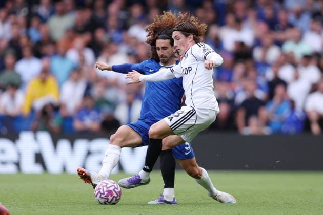London, England, 30th August 2025. Marc Cucurella of Chelsea and Harry Wilson of Fulham during the Chelsea vs Fulham Premier League match at Stamford Bridge, London. Picture credit should read: Paul Terry Sportimage EDITORIAL USE ONLY. No use with unauthorised audio, video, data, fixture lists, club league logos or live services. Online in-match use limited to 120 images, no video emulation. No use in betting, games or single club league player publications. SPI_069_PT_Chelsea_Fulham SPI-4094-0069