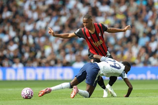 Bafode Diakite (18 Bournemouth) foulds Pape Matar Sarr of Tottenham Hotspur during the Premier League match between Tottenham Hotspur and Bournemouth at Tottenham Hotspur Stadium in London, England (Photo by Alexander Canillas Sports Press Photo SPP) Copyright: xAlexanderxCanillas SPPx Sportspressphoto_SPR18074