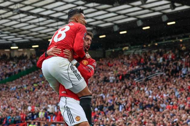 Manchester United, ManU v Burnley Premier League 30 08 2025. Bruno Fernandes (8) of Manchester United celebrates as Josh Cullen (24) of Burnley scores an own goal to make it 1-0 during the Premier League match between Manchester United and Burnley at Old Trafford, Manchester, England on 30 August 2025. Manchester Old Trafford Greater Manchester England Editorial use only DataCo restrictions apply See www.football-dataco.com , Copyright: xConorxMolloyx PSI-22715-0043