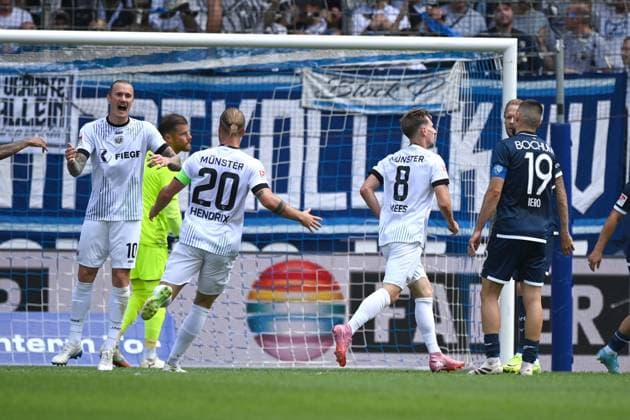 Joshua MEES (MS) jubelt nach seinem To zum 0-1, Jubel, jubeln, Freude, cheers, Fussball 2. Bundesliga, 4. Spieltag, matchday 4, VfL Bochum (BO) - SC Preussen Muenster (MS) 1-2 am 30.08.2025, Vonovia Ruhrstadion Bochum Deutschland. DFL regulations prohibit any use of photographs as image sequences and or quasi-video Â