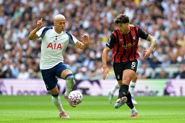 Spurs vs Bournemouth, Premier League Richarlison of Tottenham Hotspur and Marcos Senesi of Bournemouth FC during the Spurs vs Bournemouth, Premier League match at the Tottenham Hotspur Stadium London. London Tottenham Hotspur Stadium UK Copyright: xMartinxDaltonx Spurs_Bournemouth_300825_MD_051