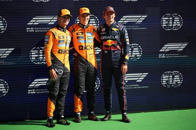 F1 Grand Prix of Netherlands Oscar Piastri of McLaren Formula 1 Team , Lando Norris of McLaren and Max Verstappen of Red Bull Racing at the end of qualifying for the F1 Grand Prix of Netherlands at Zandvoort Circuit on August 30, 2025 in Zandvoort, Netherlands. Zandvoort Zandvoort Circuit Netherlands Copyright: xBasilex