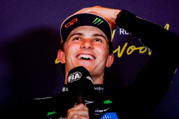 Pole position qualifier Oscar Piastri of Australia and McLaren F1 Team at the press conference, PK, Pressekonferenz looks on competing in the Qualification of the Formula 1 Heineken Dutch Grand Prix 2025 on Day 2 at Circuit Zandvoort on August 30, 2025 in Zandvoort, Netherlands. (Photo by Marcel ter Bals DeFodi Images)