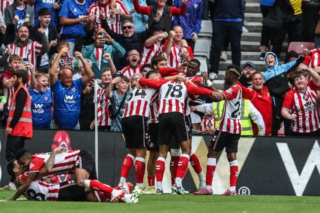 Premier League Sunderland v Brentford Wilson Isidor of Sunderland celebrates his goal to make it 2-1 during the Premier League match Sunderland vs Brentford at Stadium Of Light, Sunderland, United Kingdom, 30th August 2025 (Photo by Alfie Cosgrove News Images) Sunderland Stadium Of Light Tyne and Wear United Kingdom Copyright: xAlfiexCosgrove NewsxImagesx