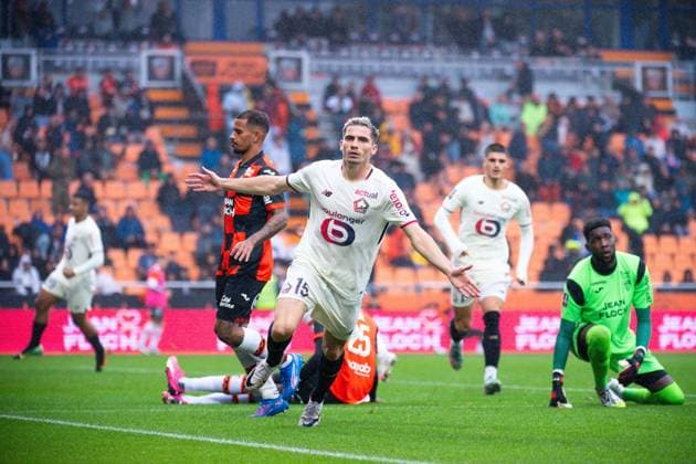 FOOTBALL : Lorient vs Lille - Ligue 1 - 30 08 2025 Romain Perraud ( 15 - Lille ) celebrates after scoring during the Ligue 1 match between FC Lorient and Lille OSC at Stade Yves Allainmat on August 30, 2025 in Lorient, France. ( Photo by Federico Pestellini PsnewZ ) - LorientFrance  Copyright: xFedericoxPestellinix