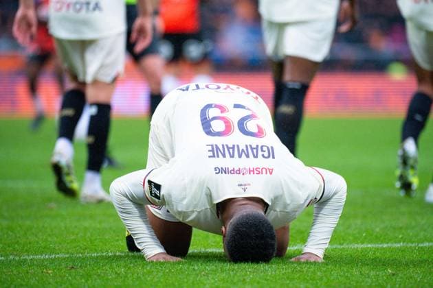 FOOTBALL : Lorient vs Lille - Ligue 1 - 30 08 2025 Hamza Igmane ( 29 - Lille ) celebrates after scoring during the Ligue 1 match between FC Lorient and Lille OSC at Stade Yves Allainmat on August 30, 2025 in Lorient, France. ( Photo by Federico Pestellini PsnewZ ) - LorientFrance  Copyright: xFedericoxPestellinix