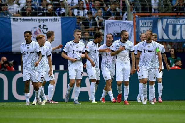 Joshua MEES (MS) jubelt nach seinem To zum 0-1, Jubel, jubeln, Freude, cheers, Fussball 2. Bundesliga, 4. Spieltag, matchday 4, VfL Bochum (BO) - SC Preussen Muenster (MS) 1-2 am 30.08.2025, Vonovia Ruhrstadion Bochum Deutschland. DFL regulations prohibit any use of photographs as image sequences and or quasi-video Â
