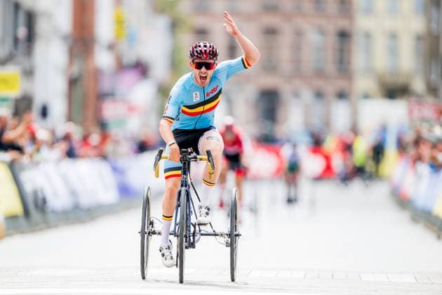 Belgium Tim Celen (MT2) pictured in action during the road race at the UCI Para-cycling Road World Championships, Saturday 30 August 2025, in Ronse. The UCI Para-Cycling Road World Championships take place from 28 to 31 Augustus in Ronse. JASPERxJACOBS  x132867848x