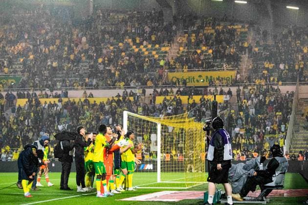 FOOTBALL : FC Nantes vs AJ Auxerre - Ligue 1 - JournÃ e 3 - 30 08 2025 Joie des joueurs du FC NANTES apres le coup de sifflet final NantesFrance  Copyright: xBaptistexAutissierx