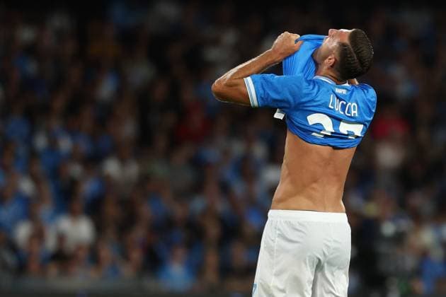 Lorenzo Lucca of SSC Napoli reacts during the Serie A football match between SSC Napoli and Cagliari Calcio at Diego Armando Maradona stadium in Naples (Italy), August 30th, 2025. CesarexPurini