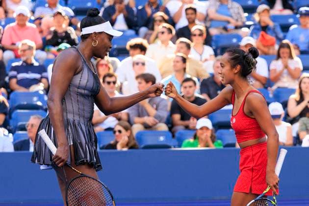 August 30, 2025, Flushing Meadows, New York, USA: Leylah Fernandez Venus Williams give each other a fist bump after winning a point during a doubles match against Ulrikke Eikeri Eri Hozumi on Day 7 of the 2025 US Open at USTA Billie Jean King National Tennis Center on Saturday August 30, 2025 in the Flushing neighborhood of the Queens borough of New York City. JAVIER ROJAS PI Flushing Meadows USA - ZUMAp124 20250830_zaa_p124_097 Copyright: xJavierxRojasx
