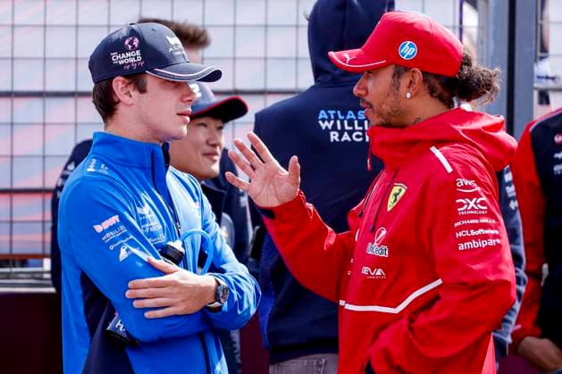 Drivers Parade Franco Colapinto of Argentina and BWT Alpine F1 Team and Lewis Hamilton of the United Kingdom and Scuderia Ferrari HP F1 Team during the Formula 1 Heineken Dutch Grand Prix 2025 on Day 3 at Circuit Zandvoort on August 31, 2025 in Zandvoort, Netherlands. (Photo by Marcel ter Bals DeFodi Images)