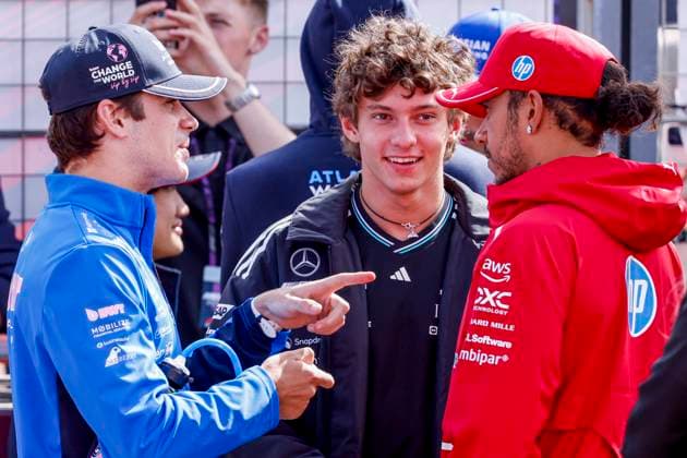 Drivers Parade Franco Colapinto of Argentina and BWT Alpine F1 Team and Lewis Hamilton of the United Kingdom and Scuderia Ferrari HP F1 Team and Andrea Kimi Antonelli of Italy and Mercedes AMG Petronas F1 Team during the Formula 1 Heineken Dutch Grand Prix 2025 on Day 3 at Circuit Zandvoort on August 31, 2025 in Zandvoort, Netherlands. (Photo by Marcel ter Bals DeFodi Images)