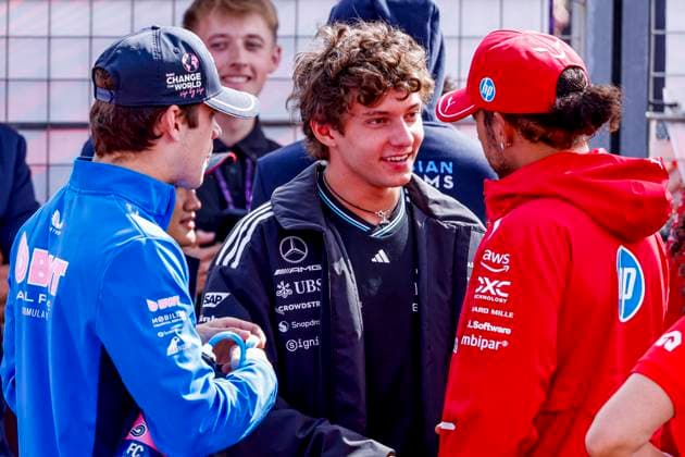 Drivers Parade Franco Colapinto of Argentina and BWT Alpine F1 Team and Lewis Hamilton of the United Kingdom and Scuderia Ferrari HP F1 Team and Andrea Kimi Antonelli of Italy and Mercedes AMG Petronas F1 Team during the Formula 1 Heineken Dutch Grand Prix 2025 on Day 3 at Circuit Zandvoort on August 31, 2025 in Zandvoort, Netherlands. (Photo by Marcel ter Bals DeFodi Images)