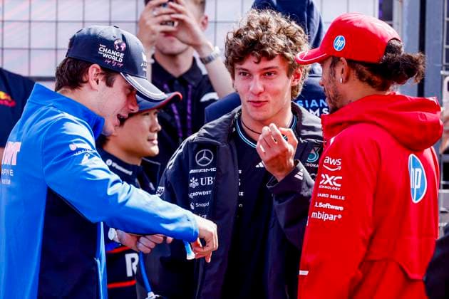Drivers Parade Franco Colapinto of Argentina and BWT Alpine F1 Team and Lewis Hamilton of the United Kingdom and Scuderia Ferrari HP F1 Team and Andrea Kimi Antonelli of Italy and Mercedes AMG Petronas F1 Team during the Formula 1 Heineken Dutch Grand Prix 2025 on Day 3 at Circuit Zandvoort on August 31, 2025 in Zandvoort, Netherlands. (Photo by Marcel ter Bals DeFodi Images)