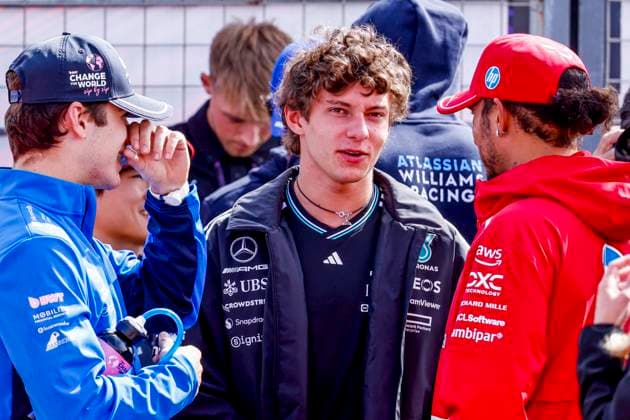 Drivers Parade Franco Colapinto of Argentina and BWT Alpine F1 Team and Lewis Hamilton of the United Kingdom and Scuderia Ferrari HP F1 Team and Andrea Kimi Antonelli of Italy and Mercedes AMG Petronas F1 Team during the Formula 1 Heineken Dutch Grand Prix 2025 on Day 3 at Circuit Zandvoort on August 31, 2025 in Zandvoort, Netherlands. (Photo by Marcel ter Bals DeFodi Images)