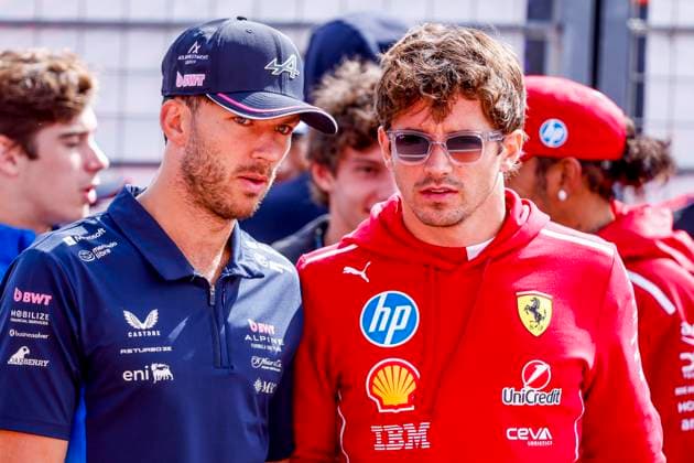 Drivers Parade Pierre Gasly of France and BWT Alpine F1 Team and Charles Leclerc of Monaco and Scuderia Ferrari HP F1 Team looks on during the Formula 1 Heineken Dutch Grand Prix 2025 on Day 3 at Circuit Zandvoort on August 31, 2025 in Zandvoort, Netherlands. (Photo by Marcel ter Bals DeFodi Images)
