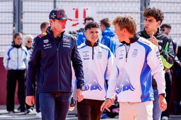 Drivers Parade Max Verstappen of the Netherlands and Oracle Red Bull Racing and Isack Hadjar of France and Visa Cash App Racing Bulls and Liam Lawson of New Zealand and Visa Cash App Racing Bulls and Gabriel Bortoleto of Brazil and Stake F1 Team Kick Sauber looks on during the Formula 1 Heineken Dutch Grand Prix 2025 on Day 3 at Circuit Zandvoort on August 31, 2025 in Zandvoort, Netherlands. (Photo by Marcel ter Bals DeFodi Images)