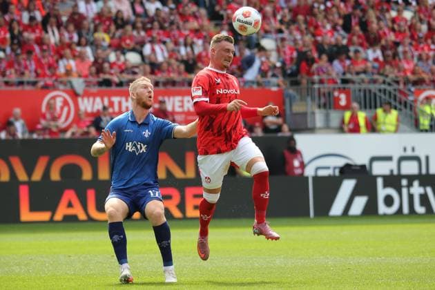 31.08.2025, xmohx, Fussball 2.Bundesliga, 1.FC Kaiserslautern - SV Darmstadt 98 v.l. Kai Klefisch (SV Darmstadt 98) Marlon Ritter (1. FC Kaiserslautern) Zweikampf, Aktion, action, battle for the ball (DFL DFB REGULATIONS PROHIBIT ANY USE OF PHOTOGRAPHS as IMAGE SEQUENCES and or QUASI-VIDEO) Kaiserslautern