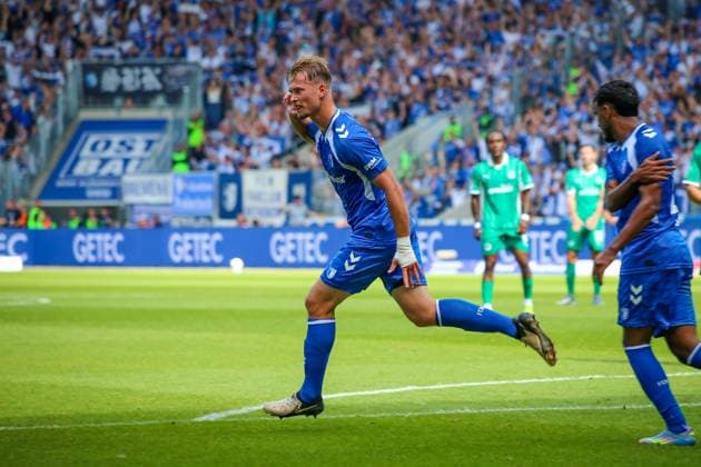 11 Alexander Ahl-Holmström of 1. FC Magdeburg celebrates after scoring a goal during the 2. Bundesliga match between 1. FC Magdeburg and SpVgg Greuther Fürth at MDCC-Arena, Magdeburg, Germany, on August 30, 2025. Magdeburg Avnet Arena Germany