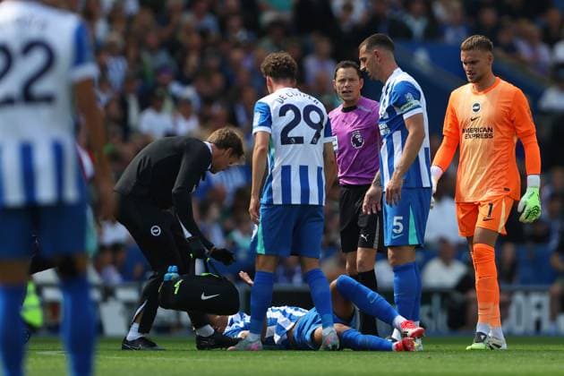 Football - 2025 2026 Premier League - Brighton & Hove Albion vs Manchester City - Amex Stadium - Sunday 31st August 2025 Diego Gomez of Brighton lays injured after a tackle during the Premier League match at the Amex Stadium COLORSPORT Shaun Boggust 