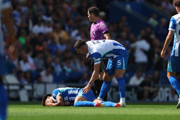 Football - 2025 2026 Premier League - Brighton & Hove Albion vs Manchester City - Amex Stadium - Sunday 31st August 2025 Diego Gomez of Brighton lays injured after a tackle during the Premier League match at the Amex Stadium COLORSPORT Shaun Boggust 