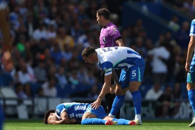 Football - 2025 2026 Premier League - Brighton & Hove Albion vs Manchester City - Amex Stadium - Sunday 31st August 2025 Diego Gomez of Brighton lays injured after a tackle during the Premier League match at the Amex Stadium COLORSPORT Shaun Boggust 
