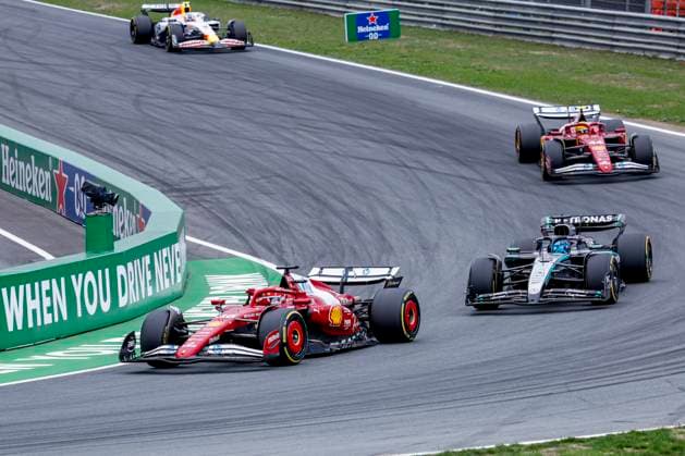 Charles Leclerc of Monaco and Scuderia Ferrari HP F1 Team and George Russell of the United Kingdom and Mercedes AMG Petronas F1 Team and Lewis Hamilton of the United Kingdom and Scuderia Ferrari HP F1 Team and Liam Lawson of New Zealand and Visa Cash App Racing Bulls during the Formula 1 Heineken Dutch Grand Prix 2025 on Day 3 at Circuit Zandvoort on August 31, 2025 in Zandvoort, Netherlands. (Photo by Marcel ter Bals DeFodi Images)