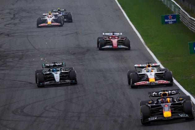 F1 - DUTCH GRAND PRIX 2025 63 RUSSELL George (gbr), Mercedes AMG F1 Team W16, action during the 2025 Formula 1 Heineken Dutch Grand Prix, 15th round of the 2025 FIA Formula One World Championship, WM, Weltmeisterschaft from August 29 to 31, 2025 on the Zandvoort Circuit, in Zandvoort, Netherlands - ZandvoortNetherlands  Copyright: xFLORENTxGOODENx