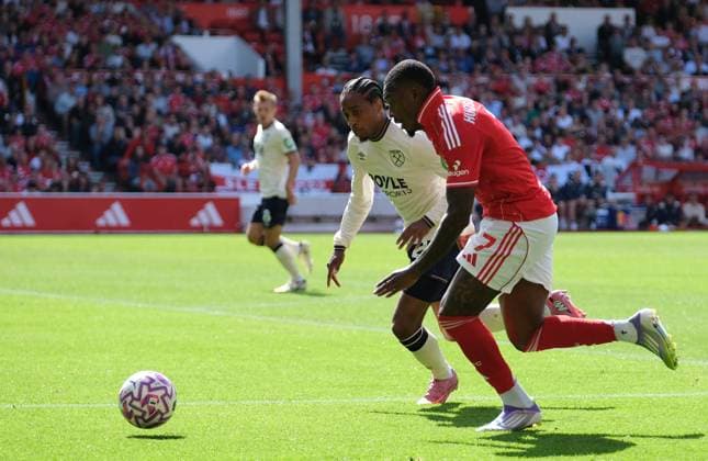 Callum Hudson Odoi of Nottingham Forest and Aaron Wan Bissaka of West Ham Utd seen in action during the Premier league football match between Nottingham Forest and West Ham Utd at City Ground in Nottingham. Copyright: xPaulxBonser SportsxPressxPhotox Sportspressphoto_SPR18985